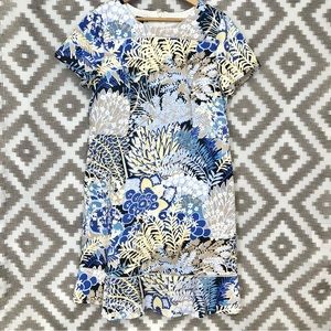 Talbots Blue Tan White Tropical Floral Short Sleeve Scoop Neck Sheath Dress